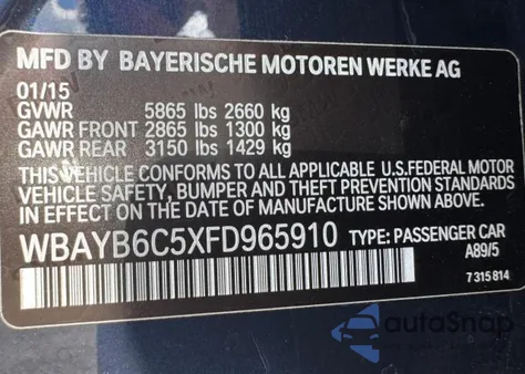 2015 BMW 750 Xi из США, поврежденный, VIN WBAYB6C5XFD965910